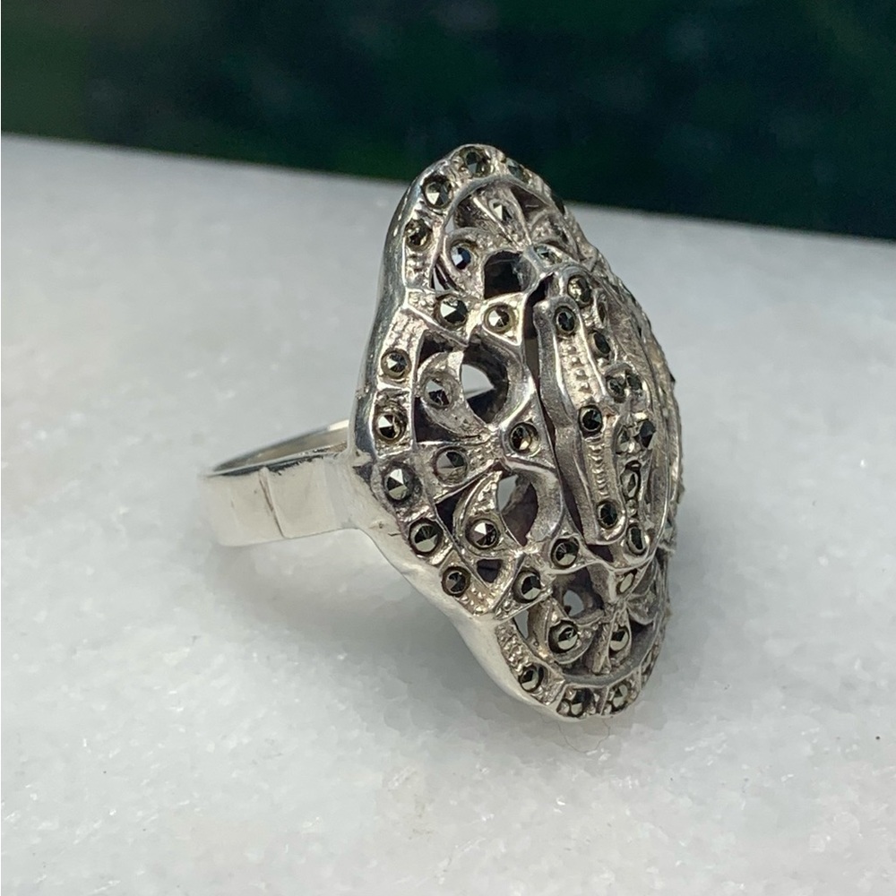 Sterling Silver Marcasite Filigree Oval Cocktail Ring - Silver